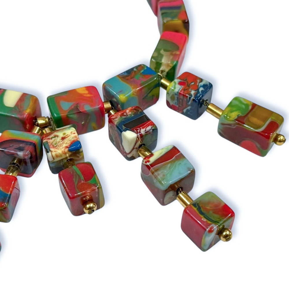 Unique Resin Necklace Beaded with Colorful Square Cube Chunks - Picture 8 of 16
